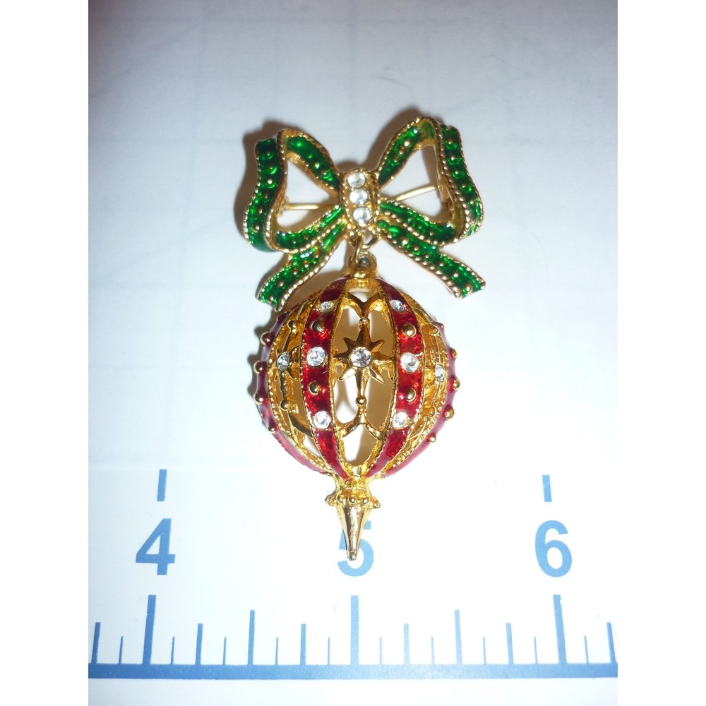 Christmas Ornament Bow Brooch Pin Red‎ Gold Enamel Rhinestones Festive Holiday